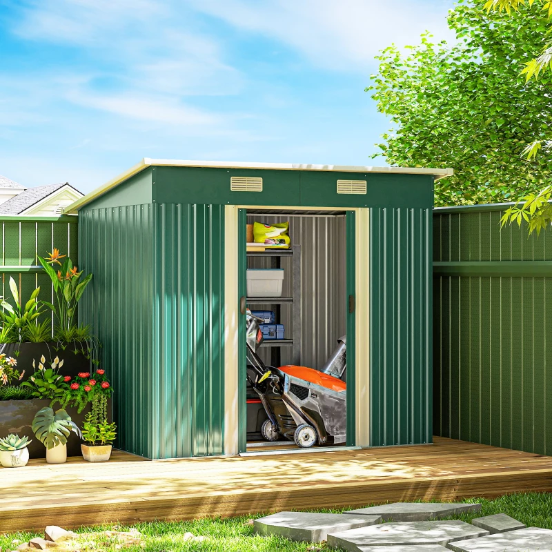 Outsunny 7' x 4' Metal Outdoor Storage Shed, Garden Tool Lockable Shed, Utility Storage Unit, Dark Green