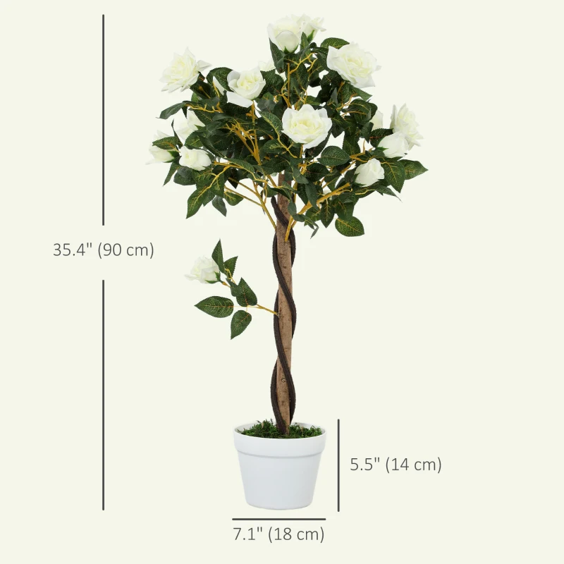 Outsunny 3FT Artificial Plant White Rose Floral Set of 2 in Pot, Fake Plant for Home Indoor Decor