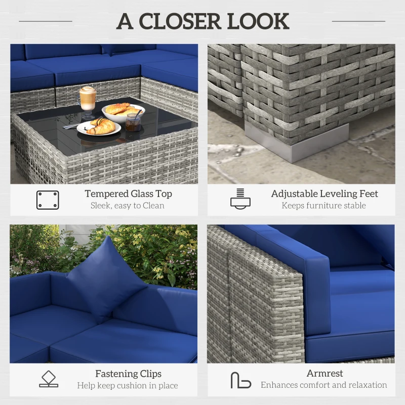 Outsunny 7 Pieces Outdoor Rattan Sofa Set, Wicker Patio Furniture Set with Glass Top Coffee Table, Pillows, Mixed Gray and Blue