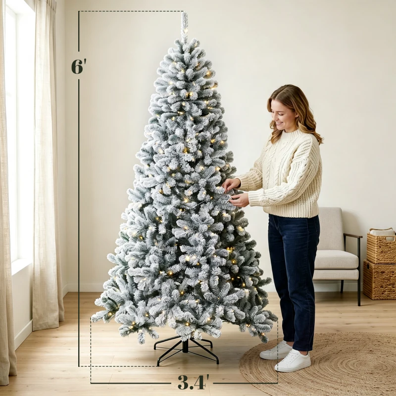 HOMCOM 6ft Flocked Prelit Christmas Tree, Northern Pine, Artificial Xmas Tree with Curved Tips, LEDs