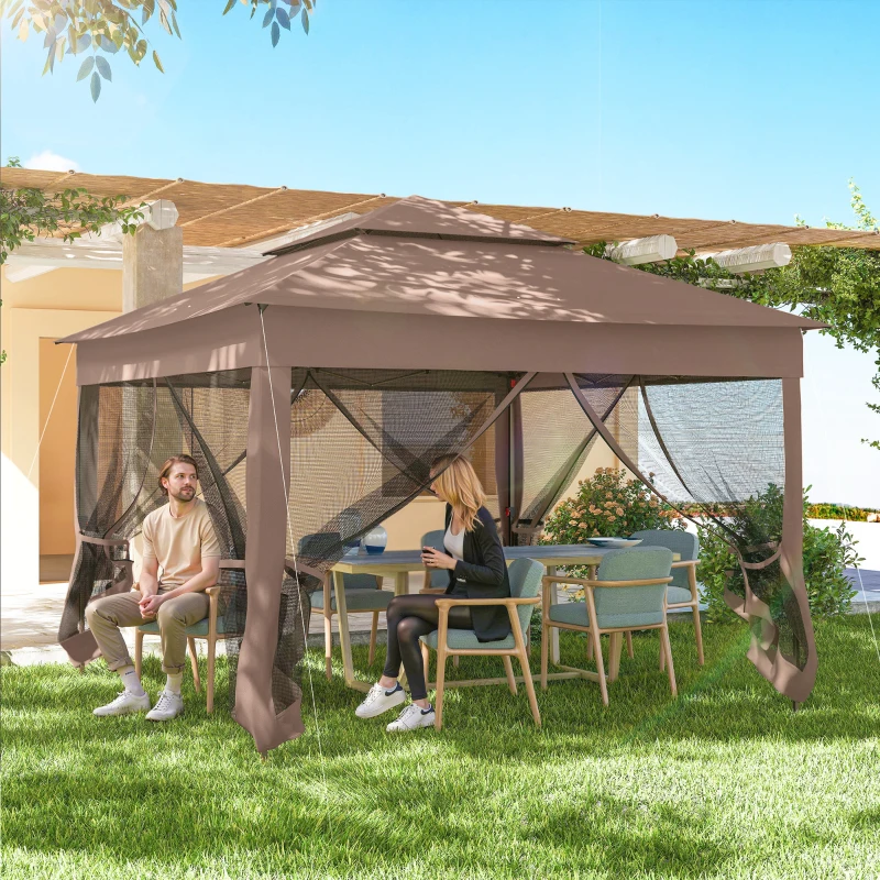 Outsunny Outdoor Patio Pop Up Canopy Gazebo Shelter with Zipper Netting, Carry Bag, 11' x 11', Brown
