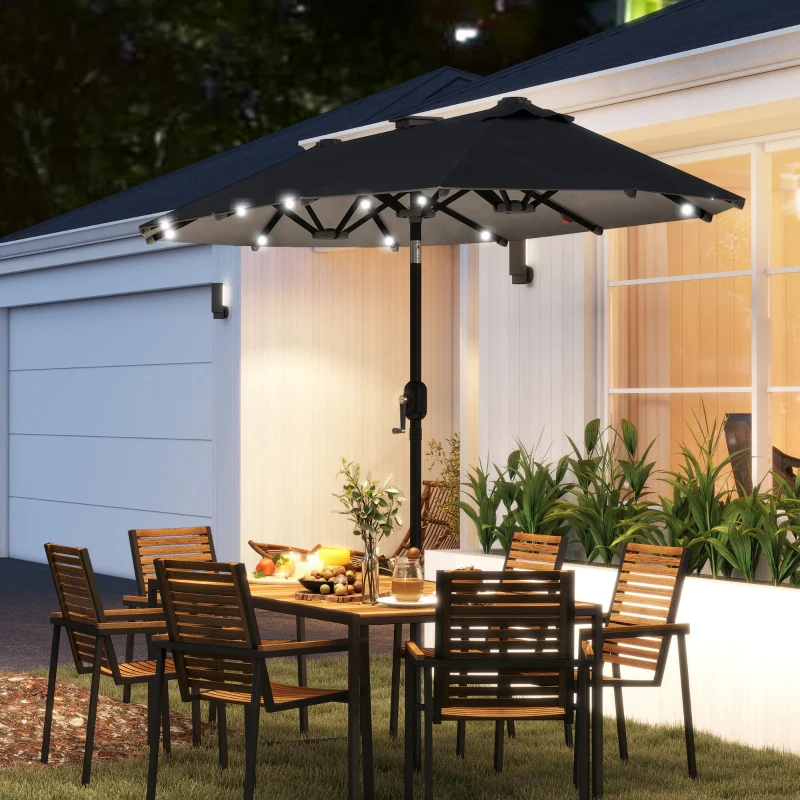Outsunny 10ft Double-Sided Patio Umbrella with 35 LED Lights, 12 ribs, Extra Large Outdoor Parasol with Twin Canopy, Dark Grey