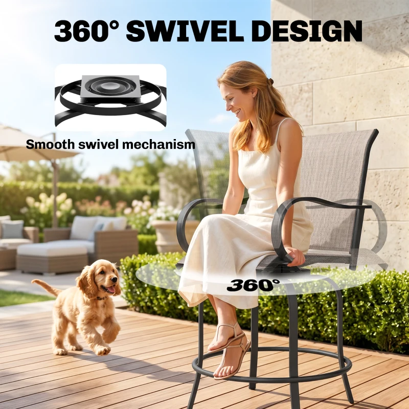 Outsunny Outdoor Bar Stools Set of 2, 360° Swivel Bar Height Chairs, 26.8" x 29.5" x 48.4", Tan