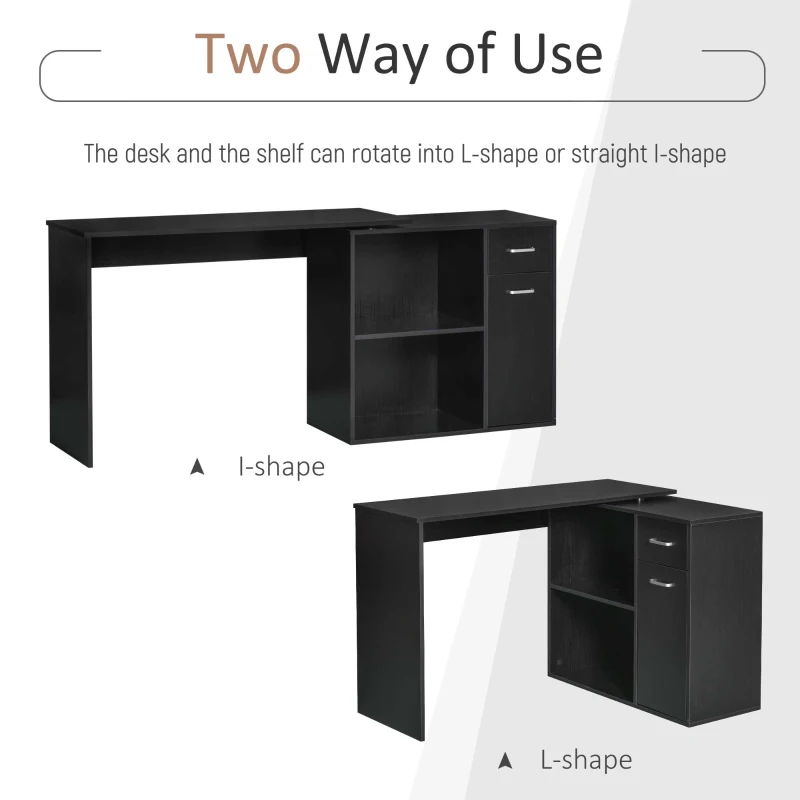 HOMCOM 180° Rotating Home Office Corner Desk Storage Shelf Cabinet Black