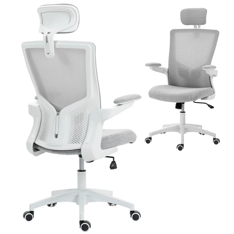HOMCOM Ergonomic Office Chair, Swivel Desk Chair with Adjustable Lumbar Support, Headrest and Height, Flip-up Armrests, Grey