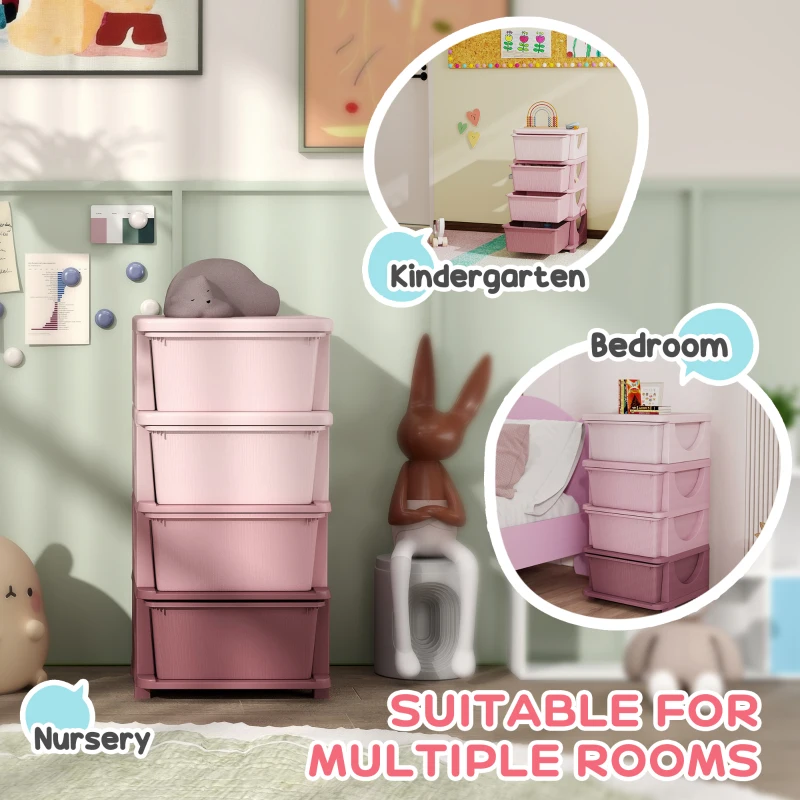 Qaba 30" 4 Tier Kids Storage Unit Dresser Tower w/ 4 Drawers, Pink
