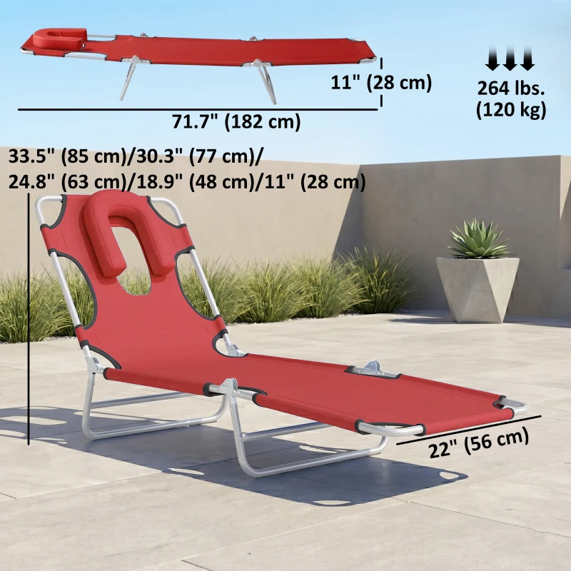Outsunny Folding Lounge Chair Outdoor, Tanning Chair with Face Hole Arm Slots, Beach Chaise Lounger with Pillow, 5-Position Adjustable Portable Sun Lounger Bed for Pool, Red
