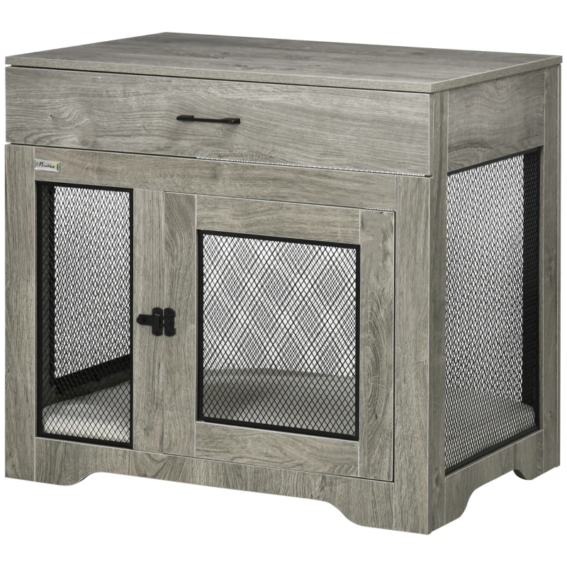 PawHut Dog Crate Furniture with Soft Water-Resistant Cushion, Drawer, for Small Dogs, Grey