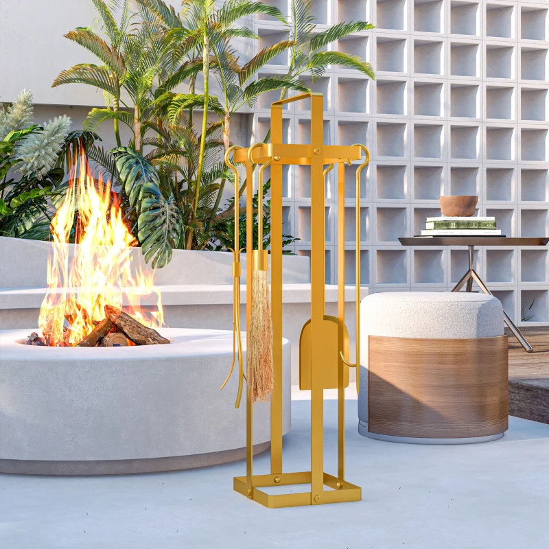 Outsunny 5 Piece Metal Fireplace Tools Set with Brush Broom, Poker, Shovel, Tongs, and Stand for Indoor or Outdoor, Gold
