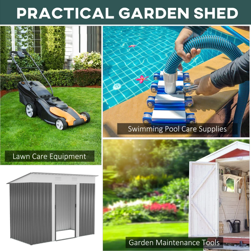 Outsunny 8' x 3.5' Metal Lean to Garden Shed, Outdoor Storage Shed, Garden Tool House with Double Sliding Doors, 2 Air Vents for Backyard, Patio, Lawn, Gray