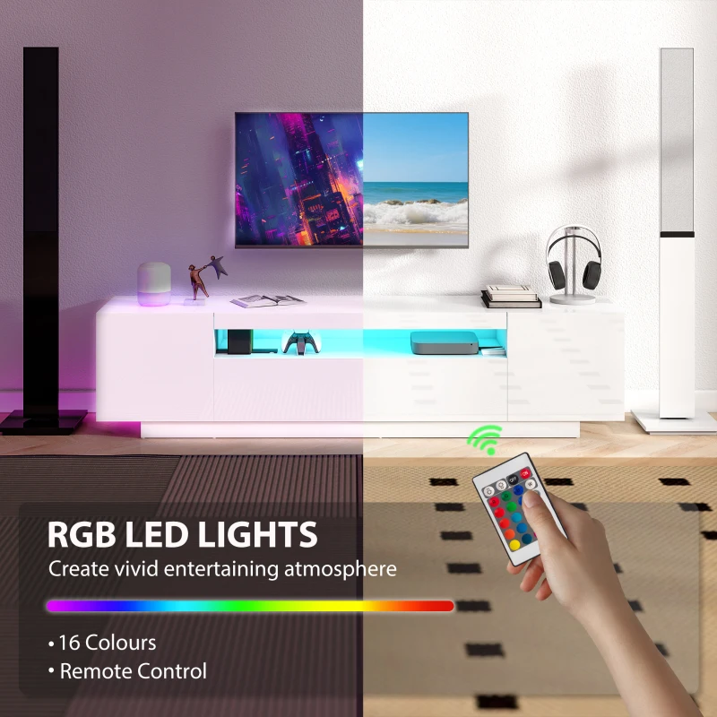 HOMCOM Entertainment Center with RGB LED Lights, TV Stand for 65-85 Inch TV, Modern TV Table for Living Room, High Gloss White