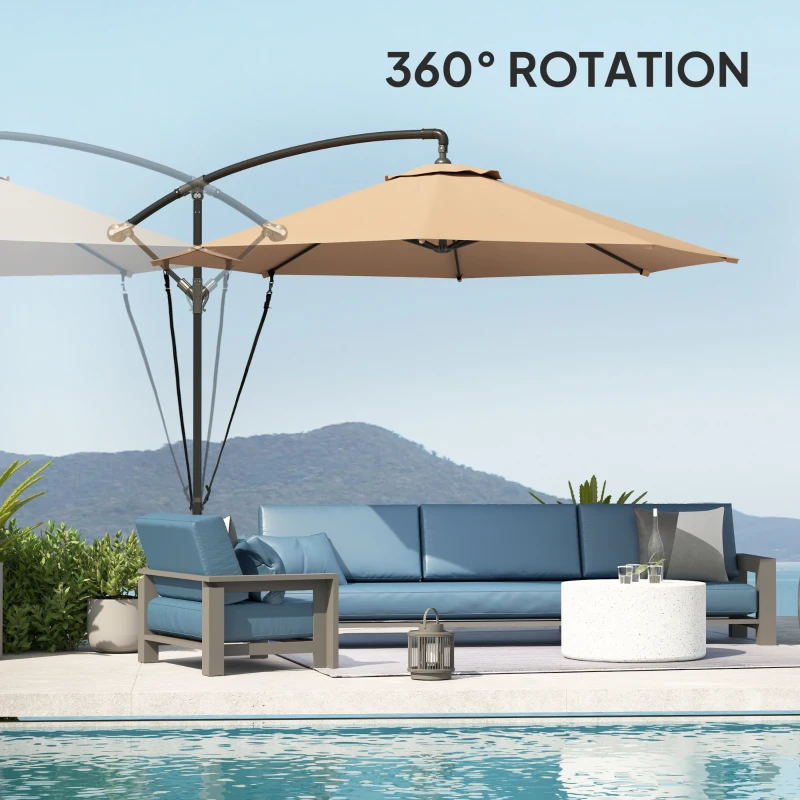 Outsunny 9.5' Cantilever Umbrella with Wind Protection Strap and Cover, Hanging Umbrella with Crank and Cross Base, Khaki