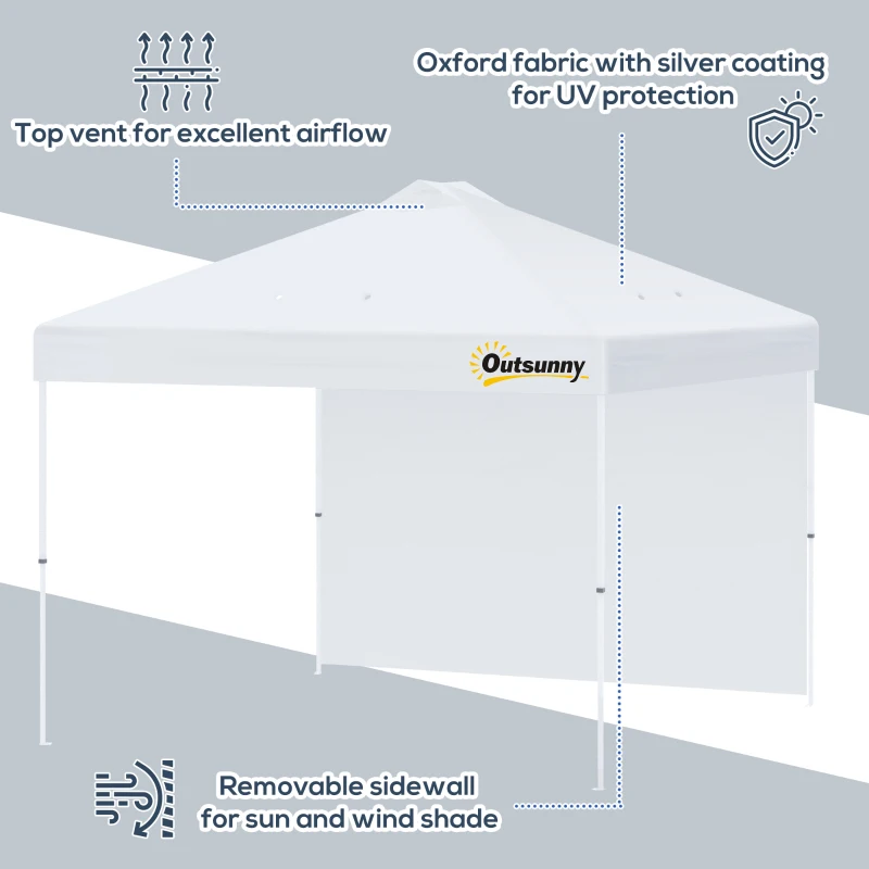 Outsunny 10' x 10' Pop-Up Canopy Tent with 1 Removable Sidewall, Commercial Instant Sun Shelter, Tents for Parties with Wheeled Carry Bag for Outdoor, Garden, Patio, White