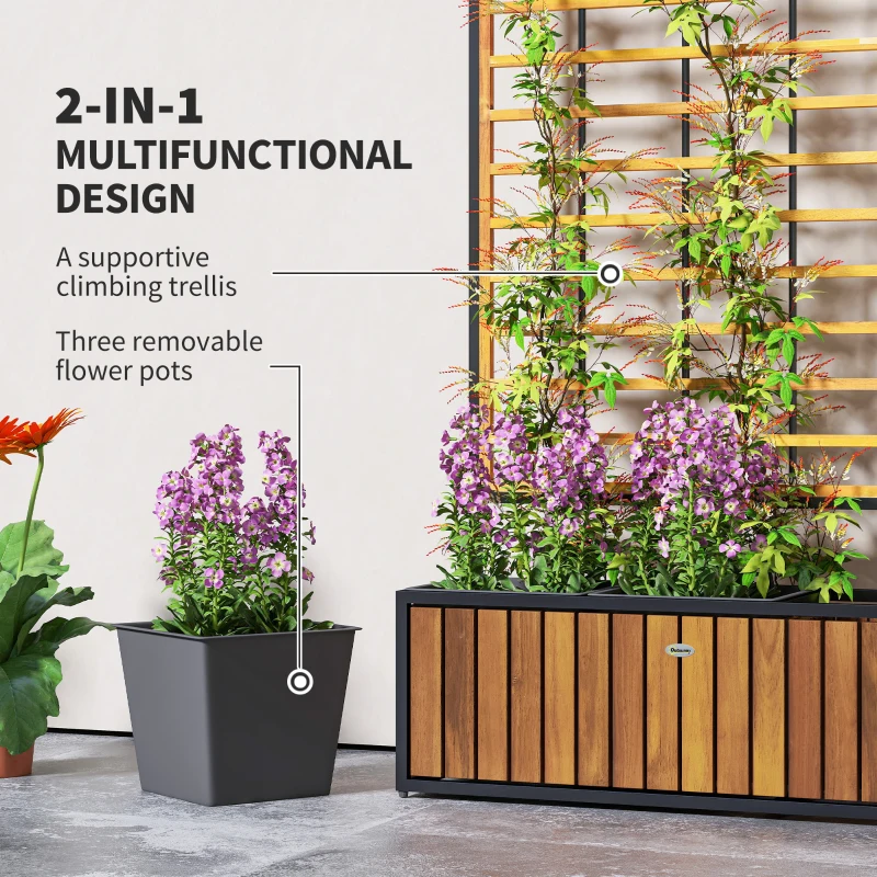 Outsunny Wooden Raised Garden Bed with Trellis, Removable Pots for Backyard, Patio, Balcony, 29" x 11" x 52", Teak