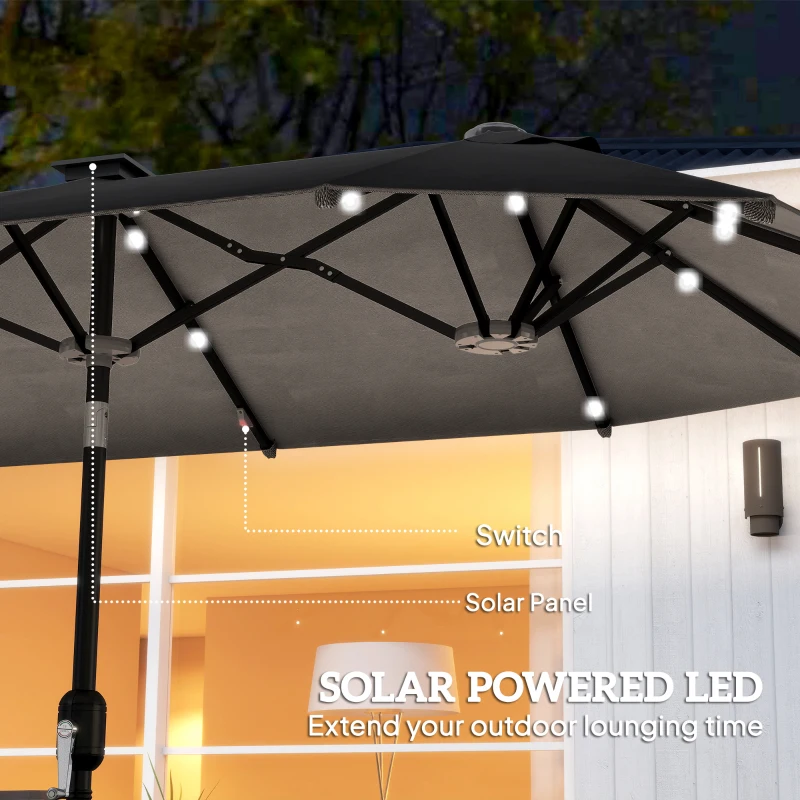 Outsunny 10ft Double-Sided Patio Umbrella with 35 LED Lights, 12 ribs, Extra Large Outdoor Parasol with Twin Canopy, Dark Grey