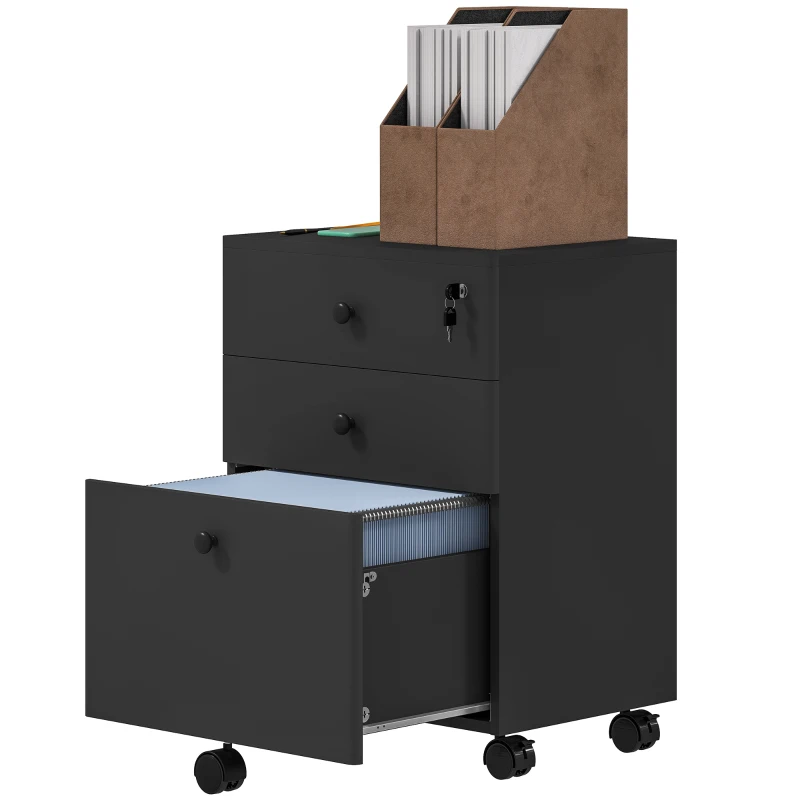 HOMCOM 3-Drawer Small Filing Cabinet with Lock, Vertical Office Storage Cabinet with Wheels for Home Office, Black