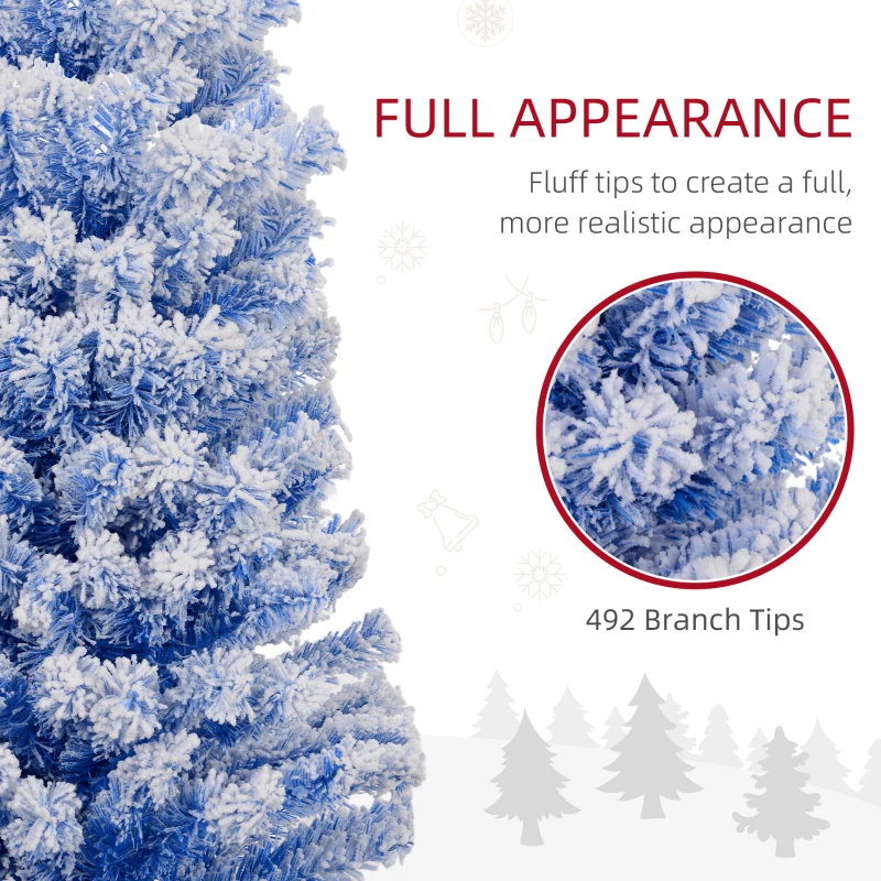 HOMCOM 6ft Flocked Christmas Tree, Pencil Christmas Tree with Realistic Branch Tips, Folding Metal Stand, Blue