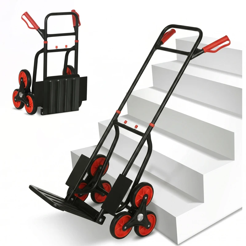 DURHAND 6-Wheels Stair Climber Trolley Cart, Hand Truck and Dolly, Foldable Steel Load Cart, 264lbs Capacity, Black and Red