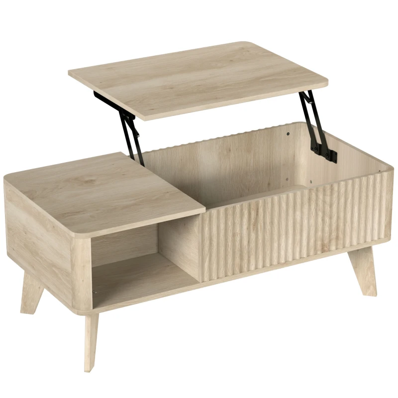 HOMCOM 40" Fluted Lift Top Coffee Table with Storage, Mid-Century Coffee Table with Hidden Compartment, Open Shelf, Oak