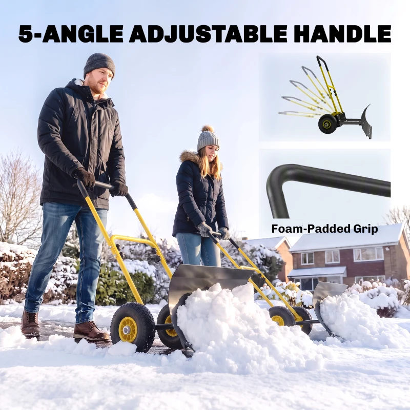 Outsunny Snow Shovel with Wheels, 29" x 16.5" Metal Snow Pusher with Adjustable Handle, 5-Angle Blade for Driveway, Yellow