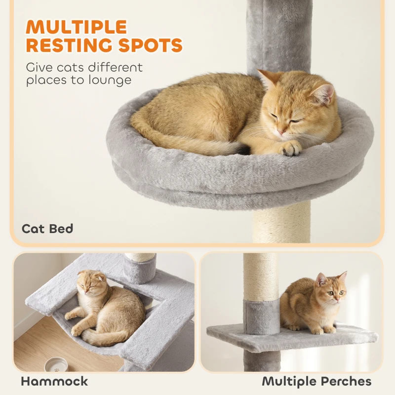 PawHut 90.6" -102.4" Floor-to-Ceiling Cat Tree Adjustable Height with 3-Rod Support, 5-Level Cat Tower, Light Gray
