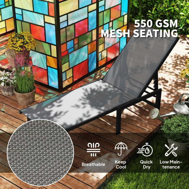 Outsunny Outdoor Lounge Chair Set of 2, 5-Position Reclining Outdoor Chaise Lounge Tanning Chair with Mesh Seat, Grey