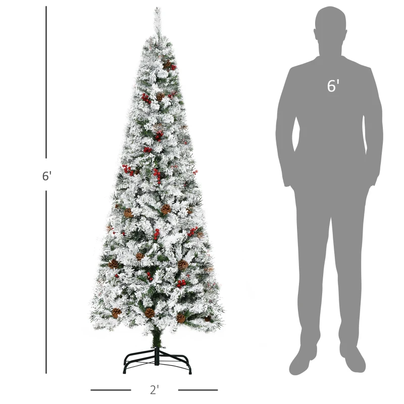 HOMCOM 6' Pencil Snow Flocked Artificial Christmas Tree with 600 Pine Realistic Branches, Pine Cones, Red Berries, Auto Open, Green