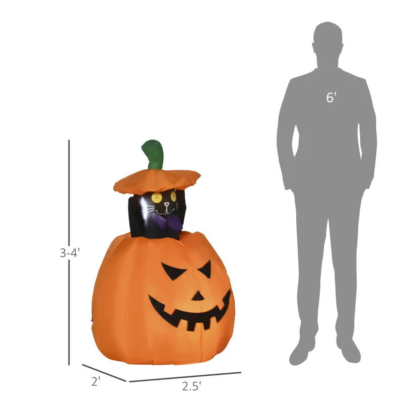 HOMCOM 4' Inflatable Halloween Cat Inside a Pumpkin, Blow Up Outdoor LED Yard Display, Waterproof