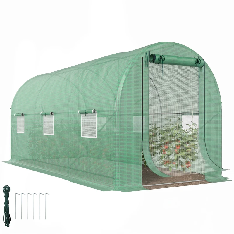 Outsunny Hoop House Greenhouse, Walk-in Tunnel Greenhouse with 2 Support Rods, Zippered Roll-up Mesh Door, 14.6'x6.5'x6.6', Green