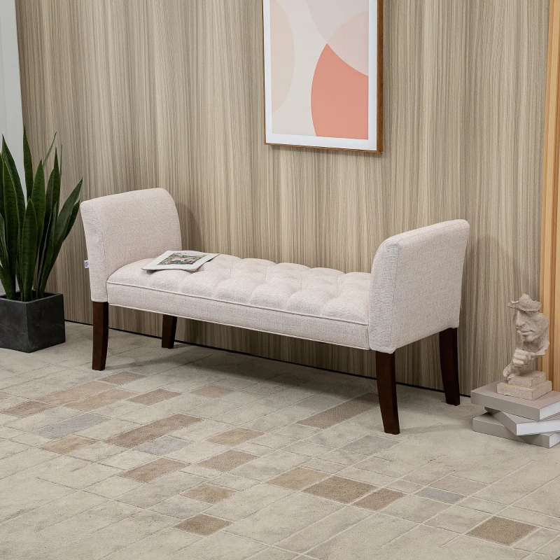 HOMCOM Upholstered Bedroom Bench with Button Tufted Design, End of Bed Bench with Arms and Solid Wood Legs, Beige