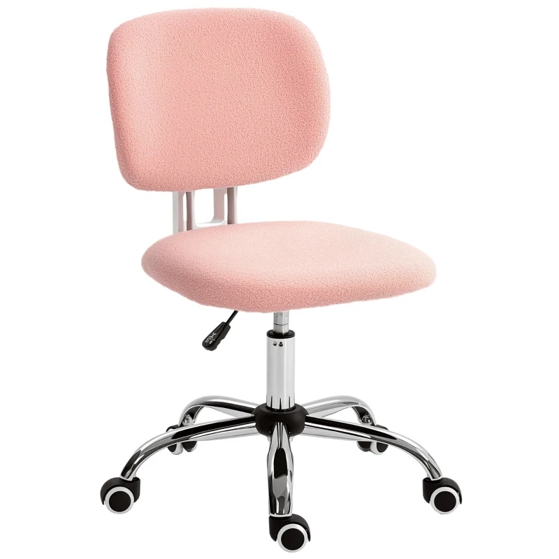 Vinsetto Cute Armless Office Chair, Teddy Fleece Fabric Computer Desk Chair, Vanity Task Chair with Adjustable Height, Swivel Wheels, Mid Back, Pink