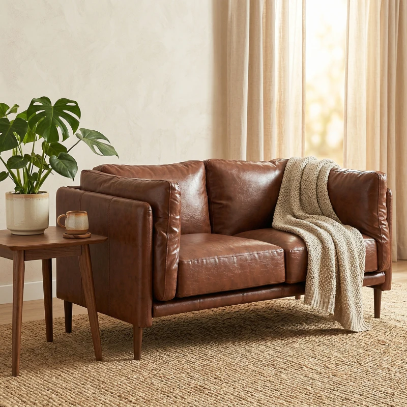 HOMCOM 59" Loveseat Sofa, PU Leather 2 Seater Sofa with Wide Seat, High-Density Foam, Thick Cushion, Wood Legs, Brown