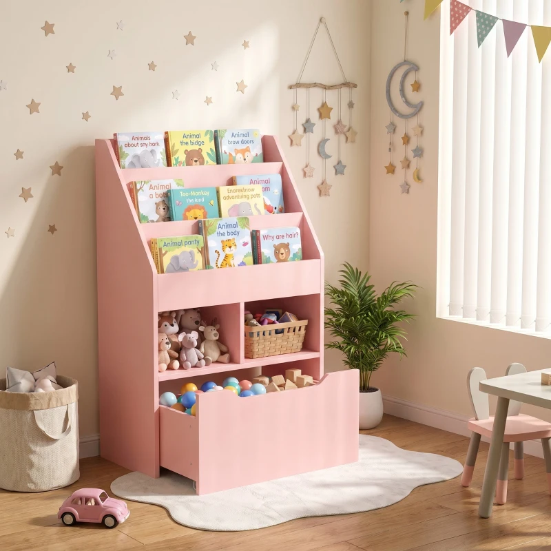 HOMCOM Kids Bookcase with Storage Drawer for Books, Reading Nook, for Classroom, Bedroom, Playroom, Pink