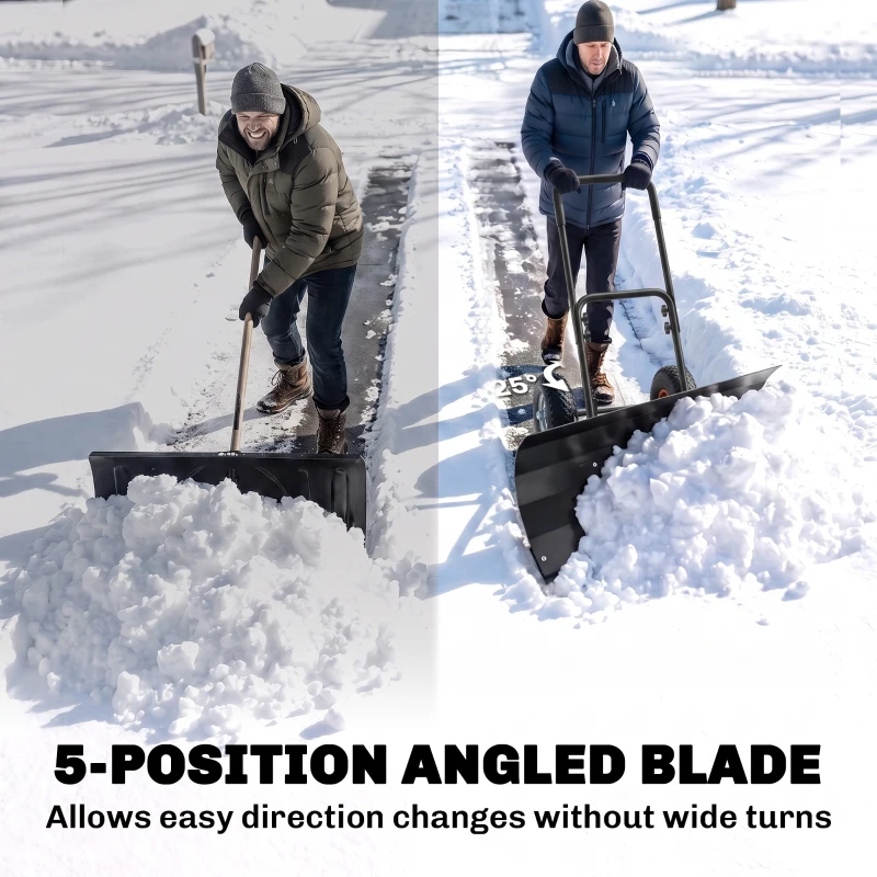 Outsunny Snow Shovel with Wheels, 29" x 16.5" Metal Snow Pusher with Adjustable Handle, 5-Angle Blade for Driveway, Black