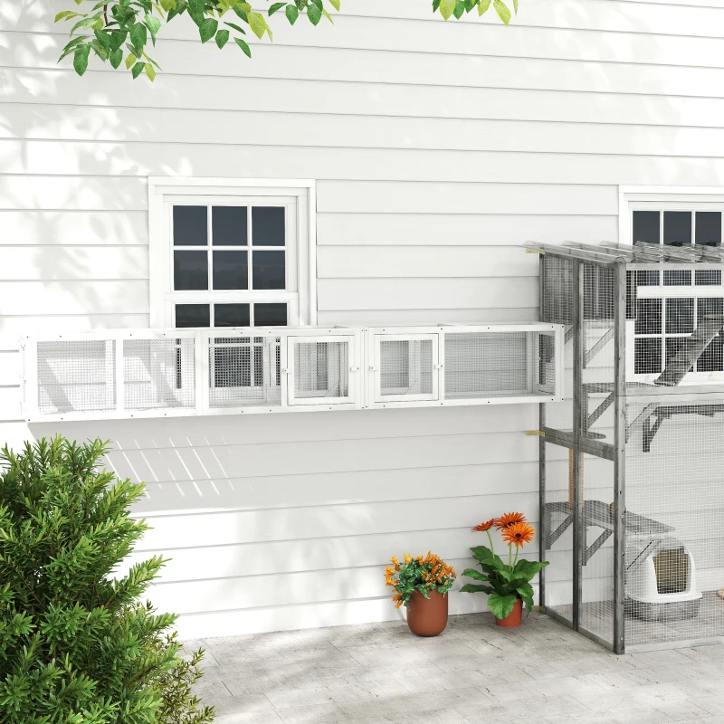 PawHut Wooden 98" Cat Tunnel for Outdoor with Combinable Design, 8 Doors, White