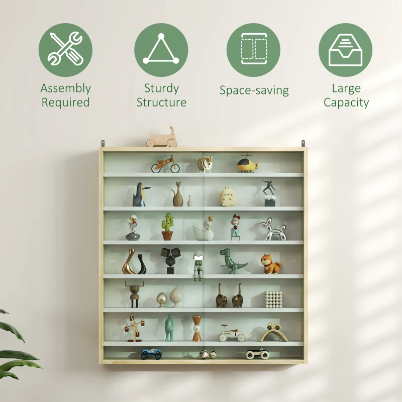 HOMCOM 7-Tier Display Cabinet, Shot Glass Display Case, Glass Curio Cabinet with 2 Glass Doors, Oak and White