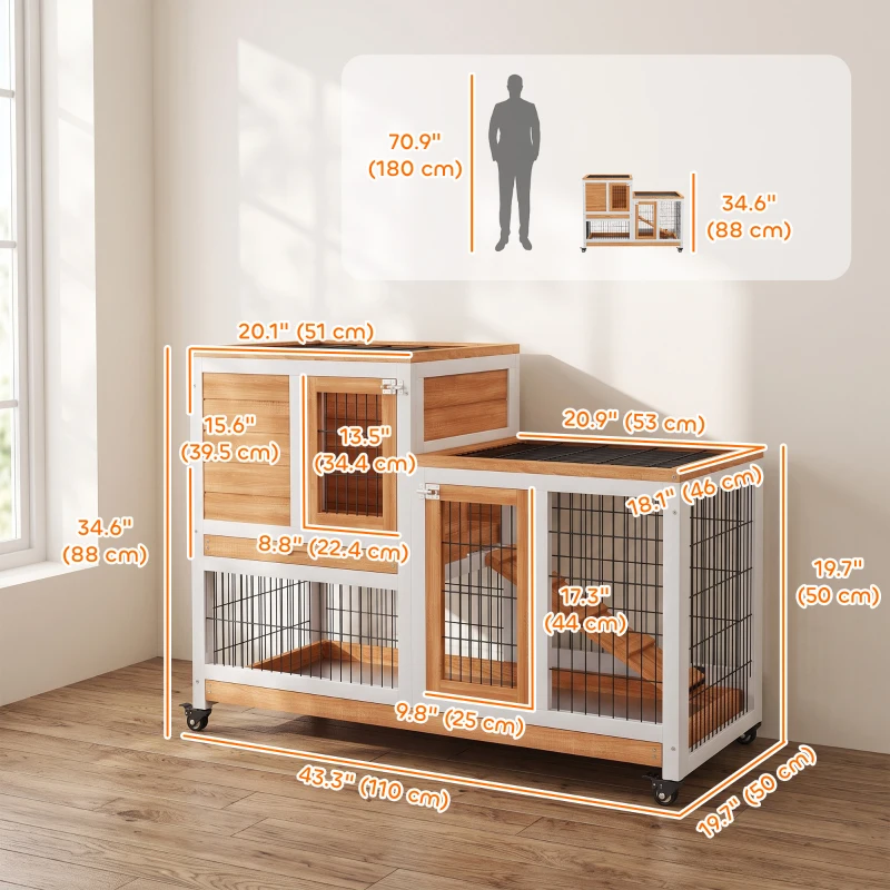 PawHut Wooden Rabbit Hutch, Indoor Bunny Cage with Wheels, Pull Out Trays, Run, Yellow