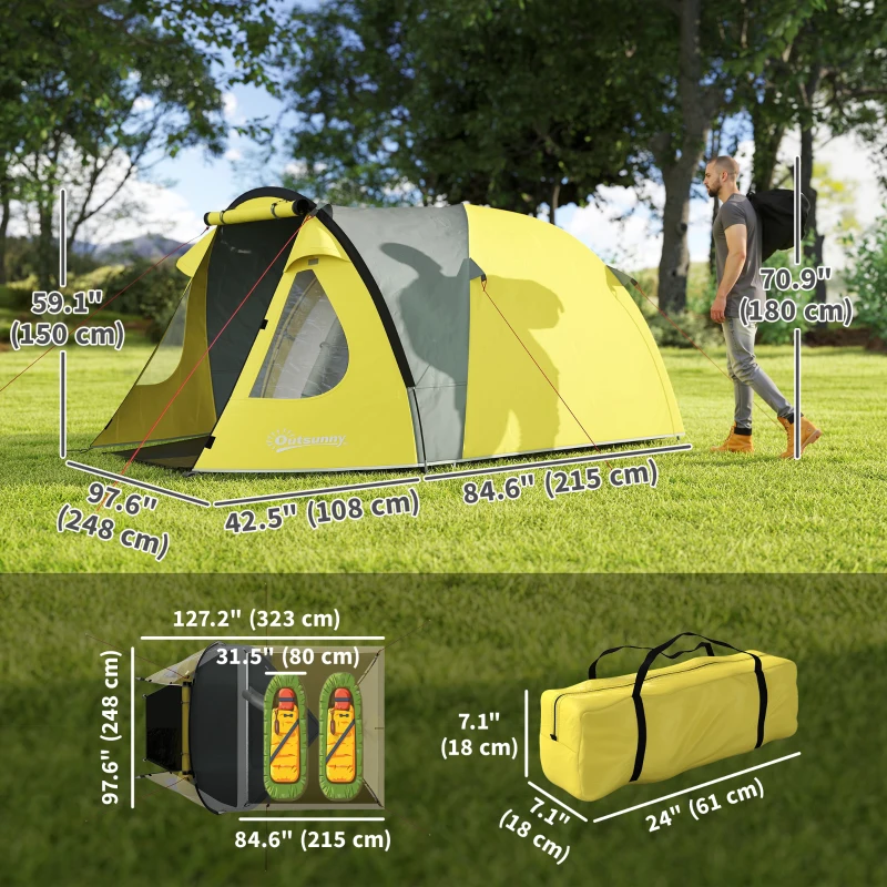Outsunny 2-3 Person Camping Tent, Easy Set Up Dome Tent with Porch, Family Tent with Bedroom and Sewn-in Groundsheet, Yellow