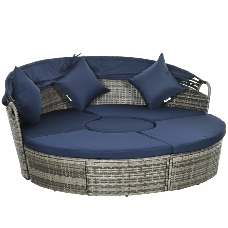 Outsunny 4 Pieces Outdoor Daybed with Retractable Canopy, PE Rattan Wicker Round Sofa Day Bed, Patio Sectional Conversation Furniture Set with Cushions and Pillows, Dark Blue