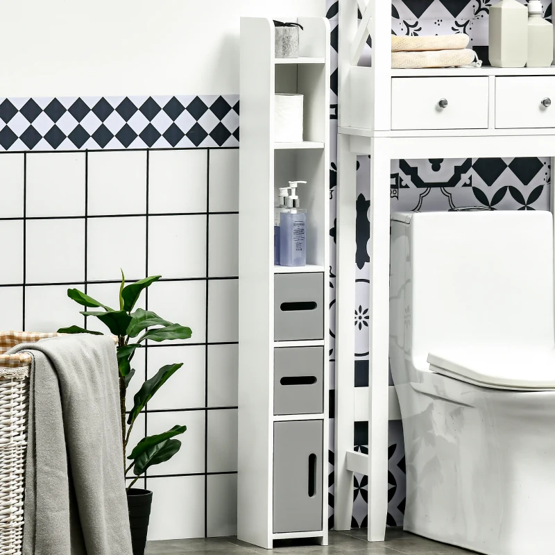 kleankin Freestanding Tall Bathroom Cabinet, Narrow Bathroom Storage Cabinet with Shelves and Cupboards, Grey and White