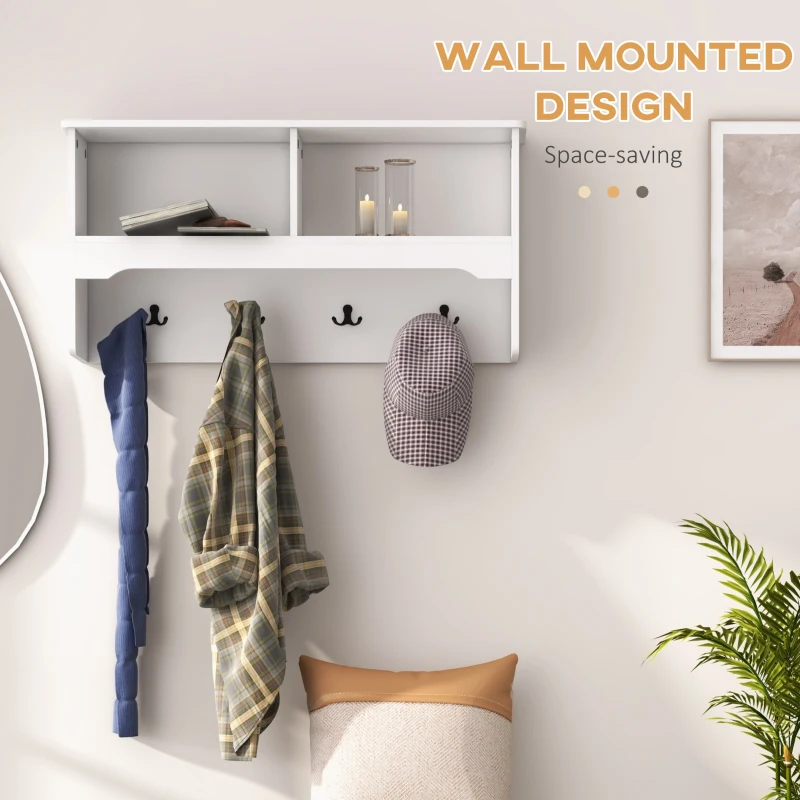 HOMCOM Wall Mounted Coat Rack with Shoe Storage Bench, Hall Tree and Bench, Clothes Hanger Rack with Shelves for Hallway White