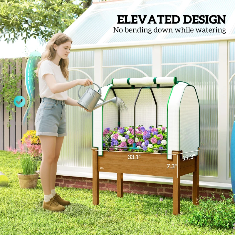Outsunny Raised Garden Bed with PE Greenhouse Cover Outdoor Planter Box for Herbs and Vegetables, 35 x 22 x 47 inch, Brown