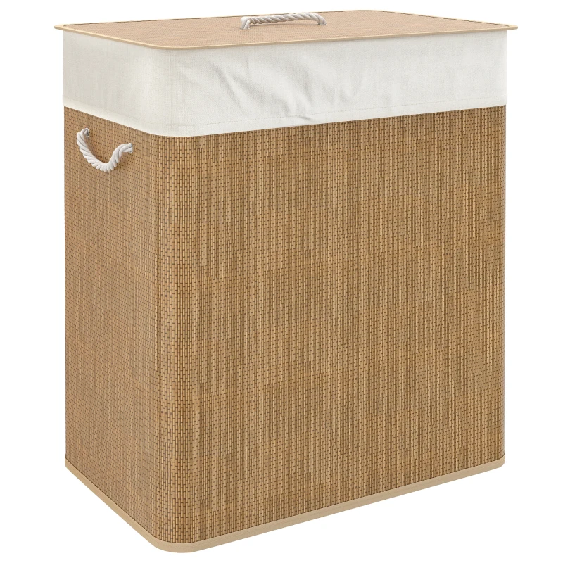 HOMCOM Double Laundry Basket with Lid, 100L Bamboo Laundry Hamper with Rope Handles and Removable Bags, Brown