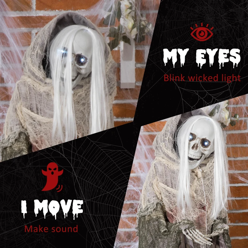 Outsunny 74" Life Size Outdoor Halloween Decorations Skeleton Witch, Sound and Motion Activated Animated Prop Animatronic decor with Light Up Eyes, Sound