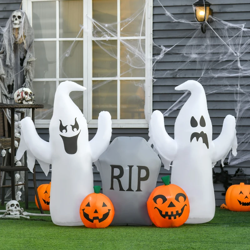 HOMCOM 6' Long Inflatable Halloween Ghost & Pumpkin Tombstone, Inflatable LED Light Yard Display Indoor Outdoor for Garden, Lawn, Party, Holiday