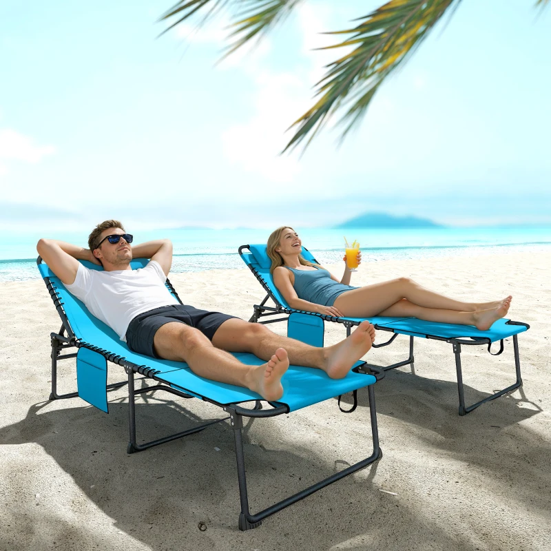 Outsunny 2 Piece Folding Chaise Lounge Pool Chairs with 5-level Reclining Back, Reading Hole, Side Pocket, Blue