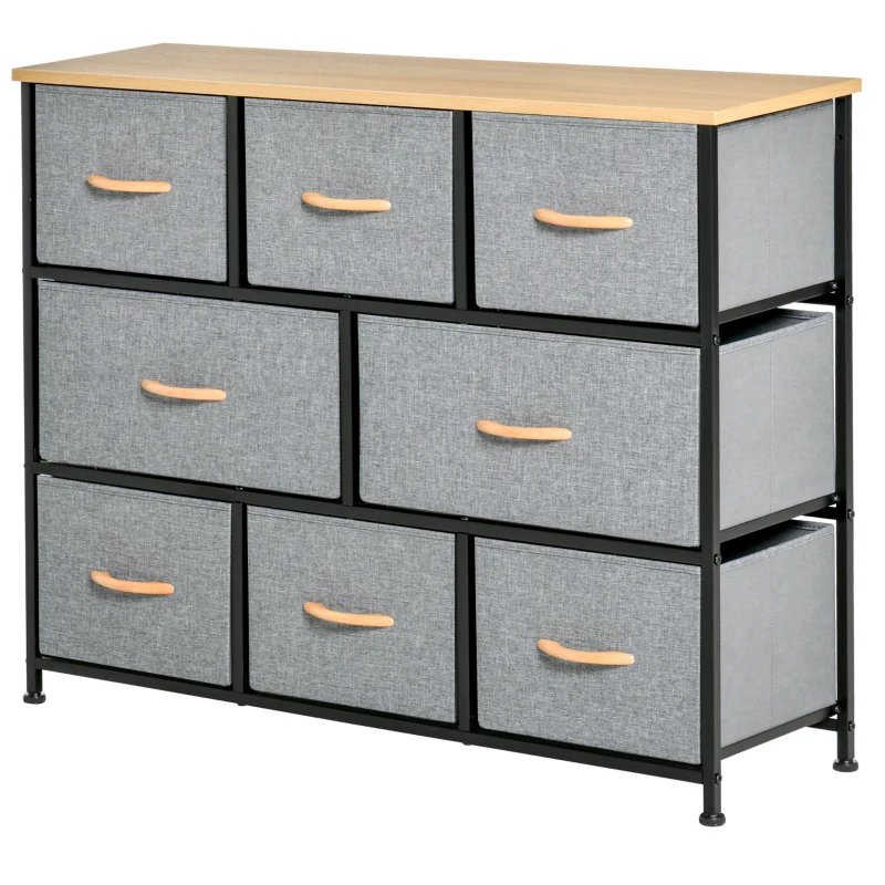 HOMCOM 8-Drawer Dresser, 3-Tier Fabric Chest of Drawers, Storage Tower Organizer Unit with Steel Frame for Bedroom, Hallway, Light Gray