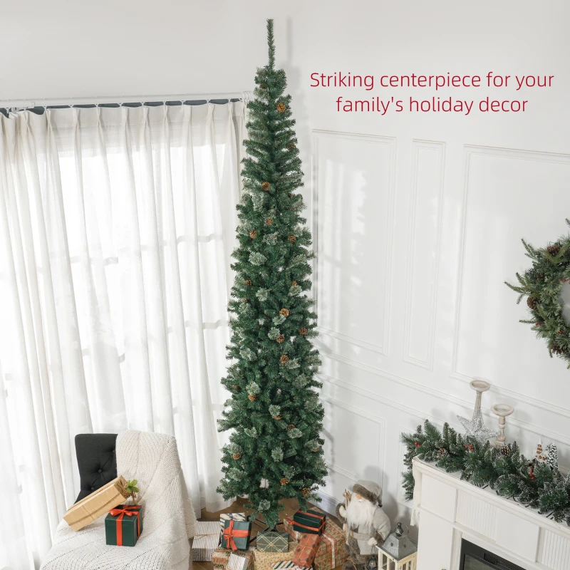 HOMCOM 9.5ft Pencil Christmas Tree, Slim Xmas Tree with Realistic Branches, Pine Cones and Metal Base, Green