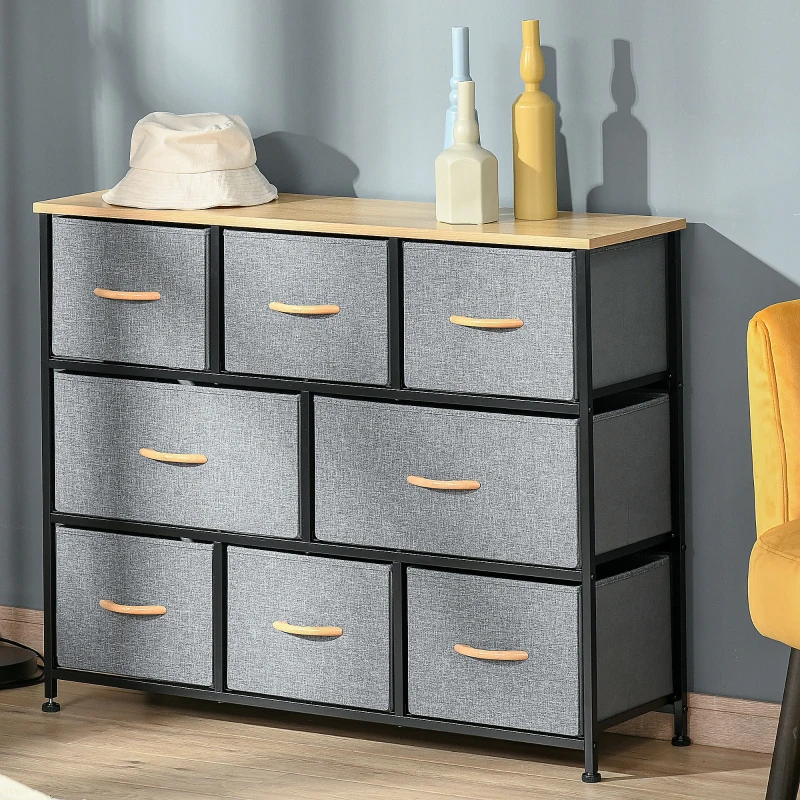 HOMCOM 8-Drawer Dresser, 3-Tier Fabric Chest of Drawers, Storage Tower Organizer Unit with Steel Frame for Bedroom, Hallway, Light Gray