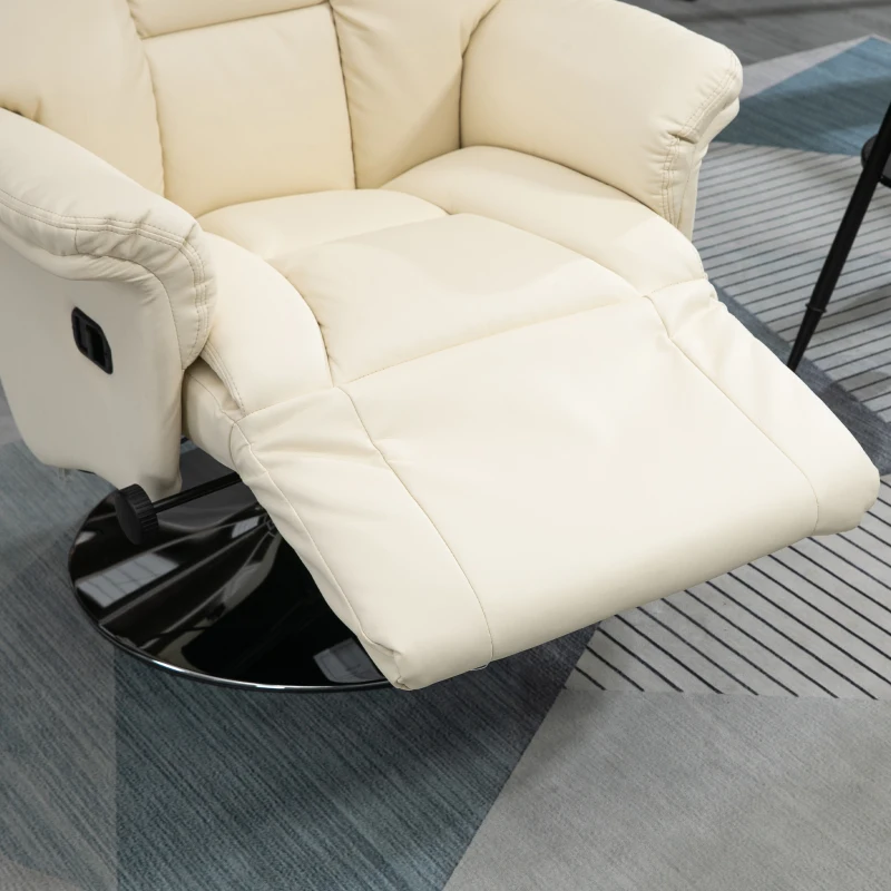 HOMCOM Swivel Recliner, Adjustable PU Leather Upholstered Recliner Chair with Footrest, Padded Arms and Steel Base, Cream White